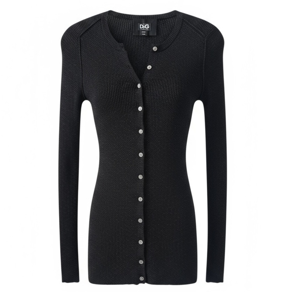 D&G Black Shimmer Button Down Long Sleeve Ribbed Silk Blend Cardigan Size XS